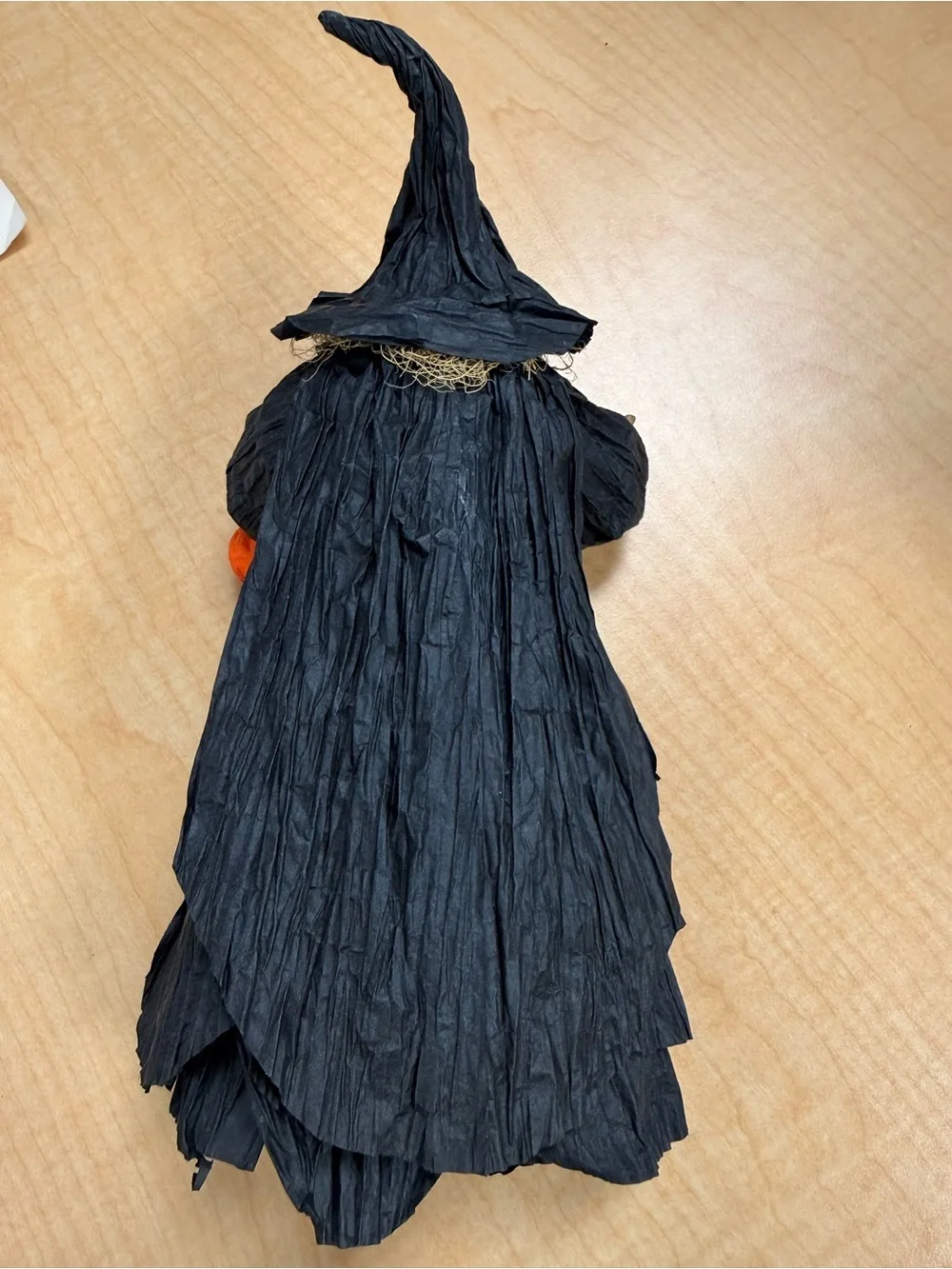 Handmade Primitive Crepe Paper Kitchen Witch Doll Figure w/ Broom & Pumpkin
